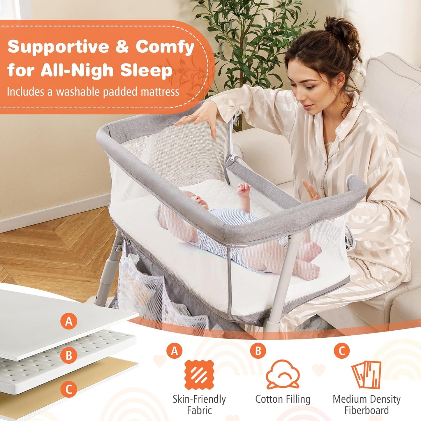 BABY JOY Bassinet, Bedside Crib w/Adjustable Height, Comfy Mattress, Full-Mesh Sides and Storage Pockets for Newborns Infants, Baby Bassinets Bedside Sleeper for Safe Co-Sleeping