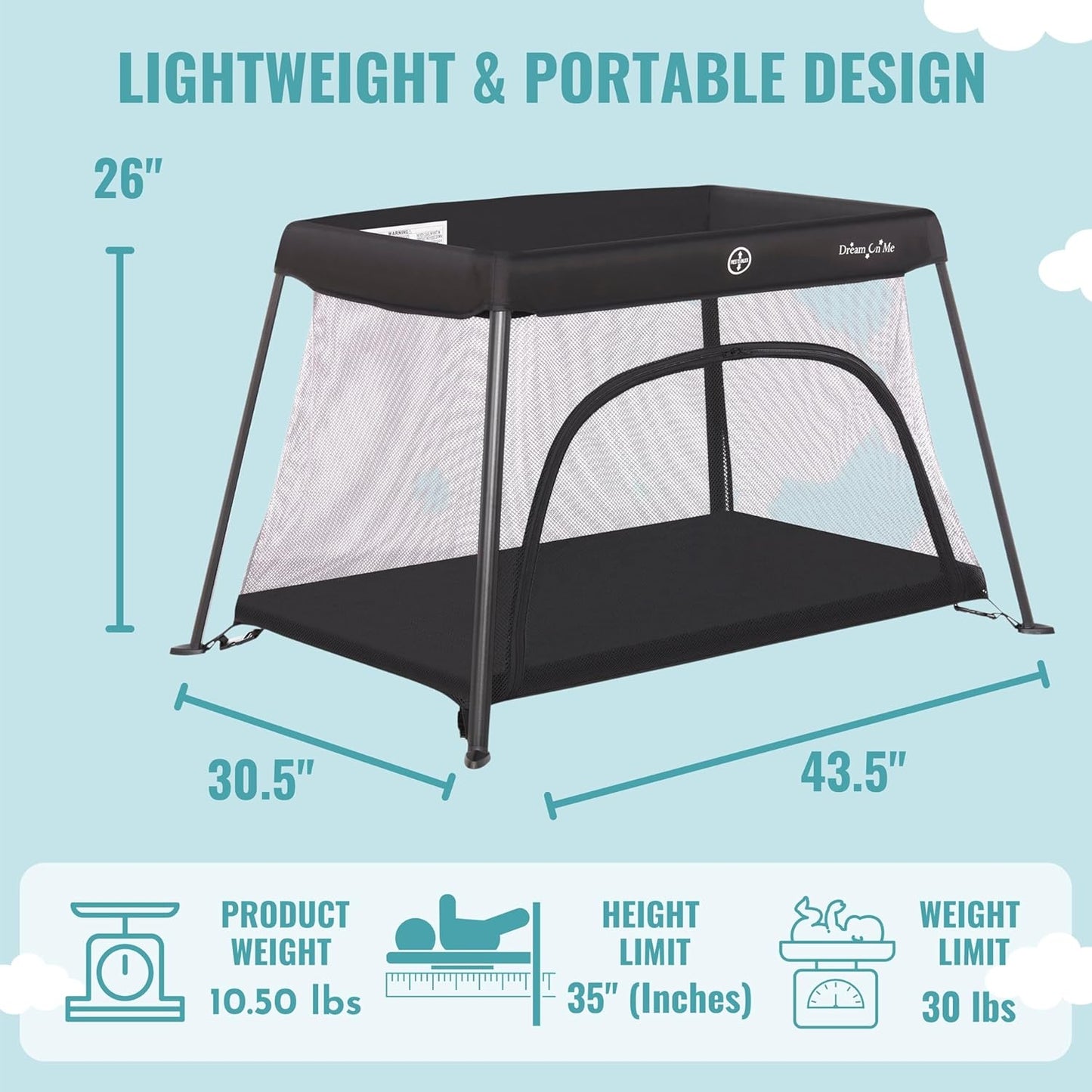 Dream On Me Travel Light Baby Playard with Zipper Access Door, Breathable Mesh Sides with Soft Comfortable Mattress, Easy Fold Design with Travel Carry Bag, Compact Space Saving Design - Grey