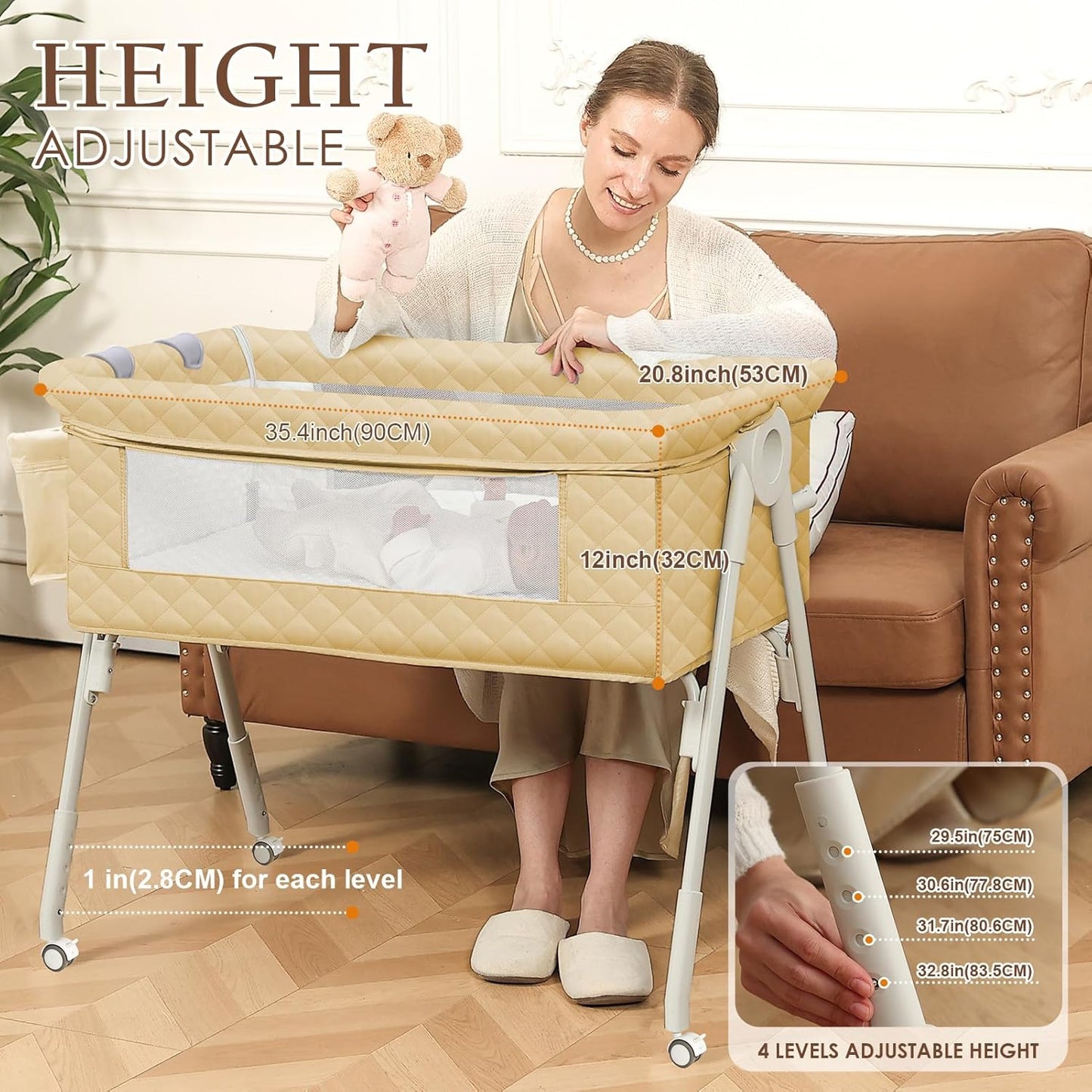 Baby Bassinet Bedside Crib for Newborn, 4-in-1 Baby Bassinet Bedside Sleeper with Mesh & Mattress, Easy Move Crib for Newborns with Lockable Wheels & Storage Basket, 4-Adjustable Height(Grey) | Bassinet with Wheels, Storage Basket, 4 Height Adjustable