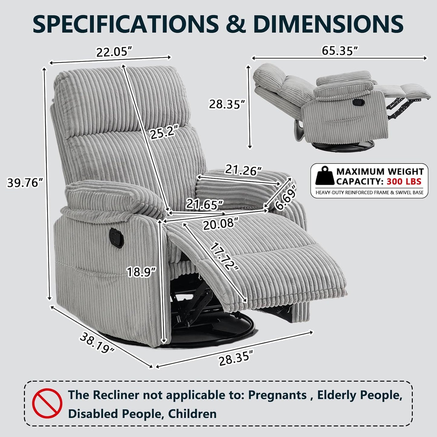 Manual Small Recliner Rocking Chair for Nursery/Relaxation, Corduroy Swivel Glider Recliner for Living Room Bedroom, Brown Rocking Chair Nursery Recliners for Small Spaces, Side Pockets (Brown)