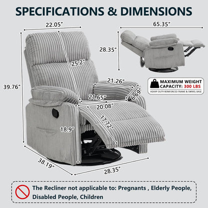 Manual Small Recliner Rocking Chair for Nursery/Relaxation, Corduroy Swivel Glider Recliner for Living Room Bedroom, Brown Rocking Chair Nursery Recliners for Small Spaces, Side Pockets (Brown)