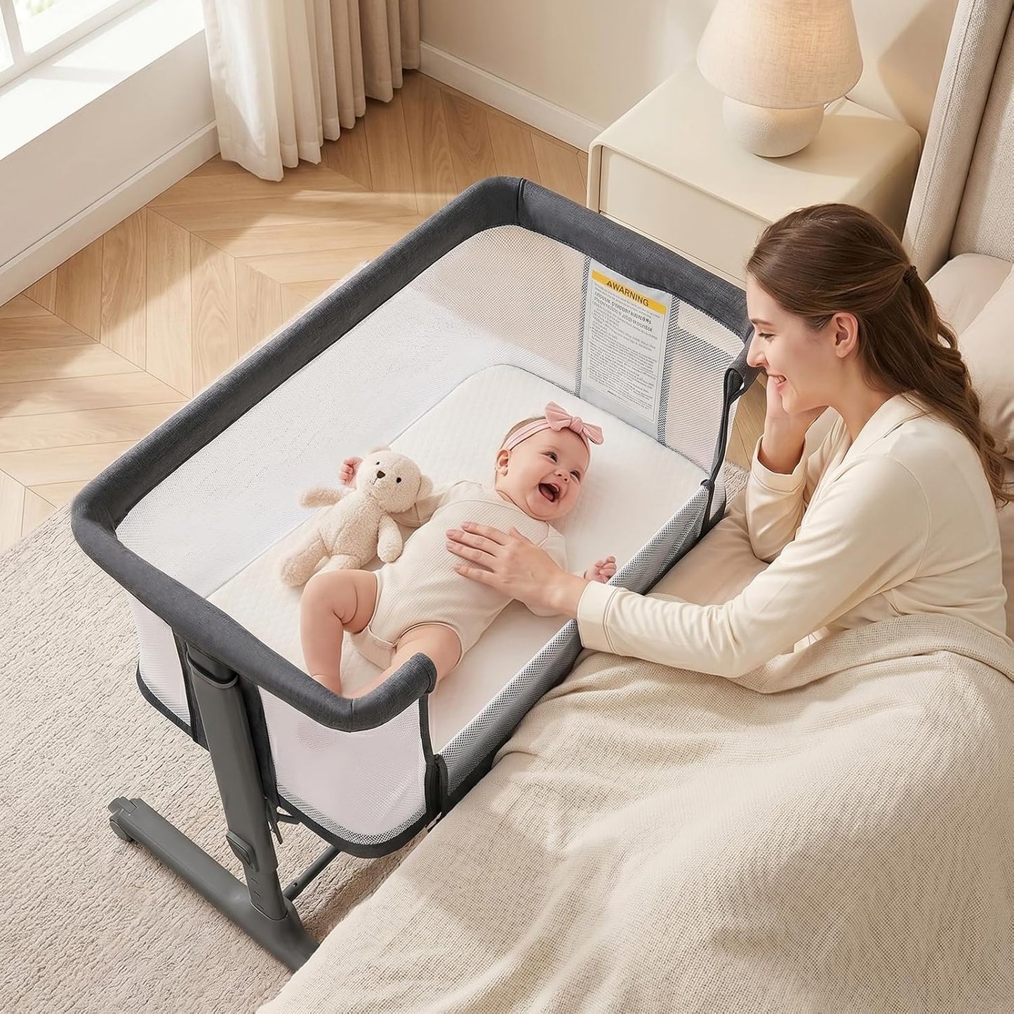 INFANS 3 in 1 Baby Bassinet, Bedside Sleeper for Newborn, Folding Crib with Mattress, Travel Bag, Wheels, 4-Sided Mesh, Easy to Assemble Cradle Co Sleeper Stationary, Rock (Dark Grey)