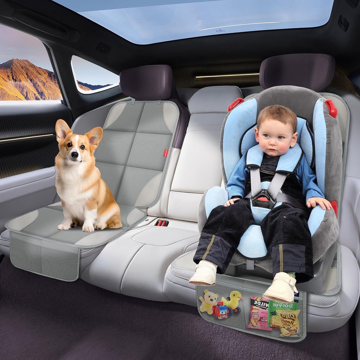 Car Seat Protector, Carseat Seat Protectors with Thick Padding and Upgraded Non-Slip Backing, Waterproof Seat Protector under Baby Car Seat, 600D Fabric Car Seat Covers with Storage Pockets for Baby