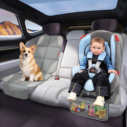Car Seat Protector, Carseat Seat Protectors with Thick Padding and Upgraded Non-Slip Backing, Waterproof Seat Protector under Baby Car Seat, 600D Fabric Car Seat Covers with Storage Pockets for Baby