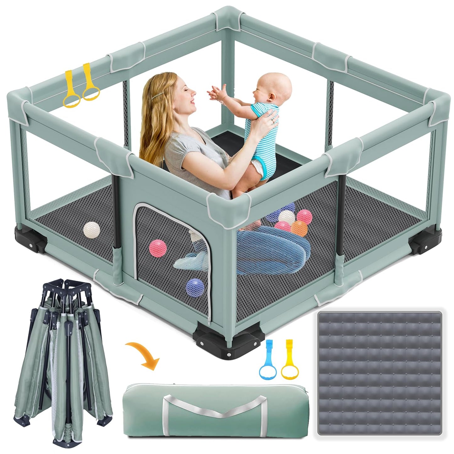ICAREWAY Foldable Playpen for Babies and Toddlers, 50x50 Inches Portable Playpen, Kids Collapsible Play Pen with 2 Handlers, Indoor & Outdoor Baby Fence Play Area with Visible Mesh, Dark Gray