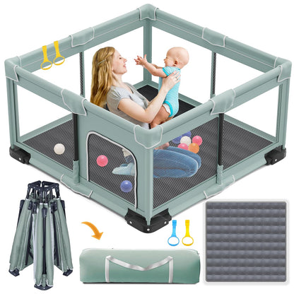 ICAREWAY Foldable Playpen for Babies and Toddlers, 50x50 Inches Portable Playpen, Kids Collapsible Play Pen with 2 Handlers, Indoor & Outdoor Baby Fence Play Area with Visible Mesh, Dark Gray