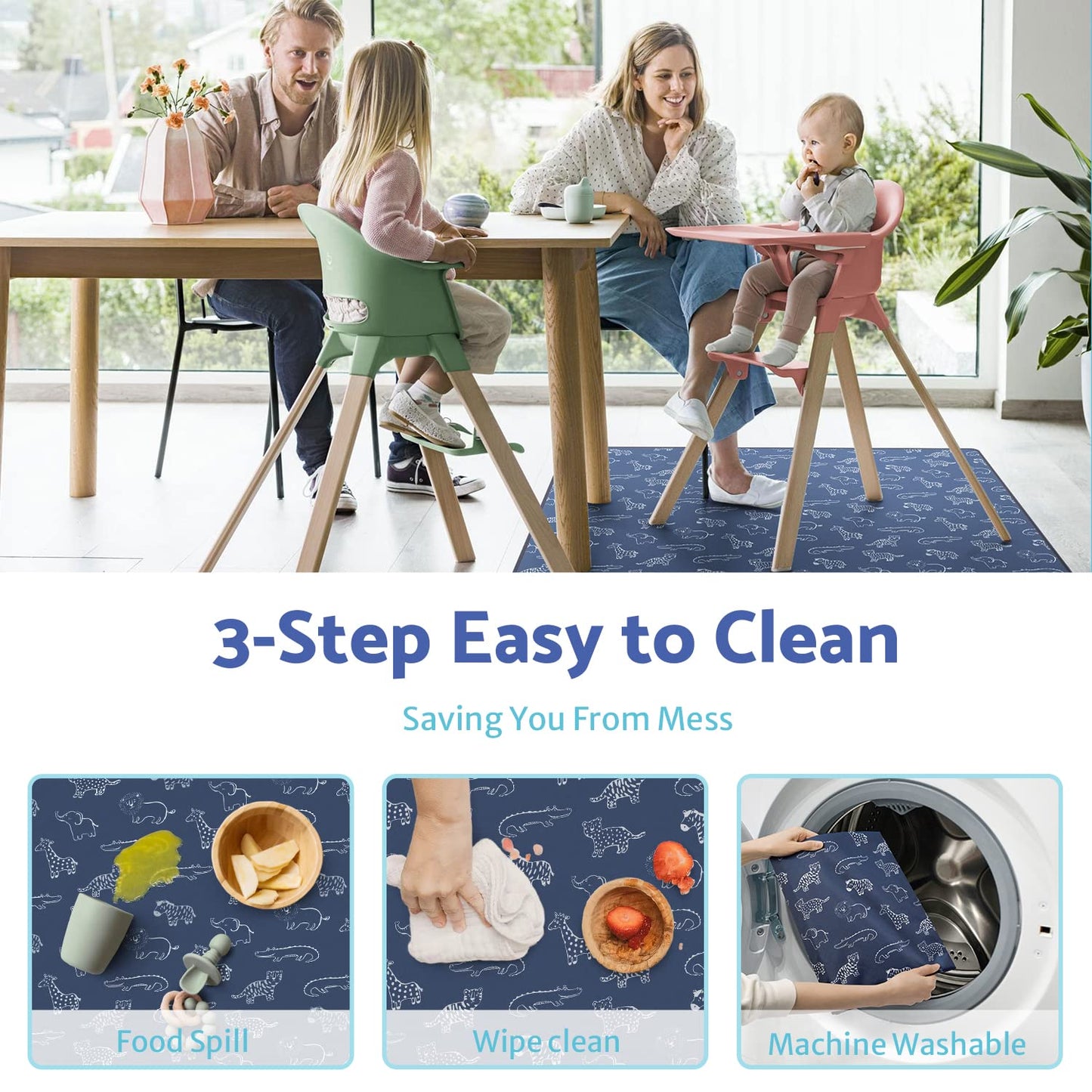 Blissful Diary Baby Splat Mat for Under High Chair, 50.4 x 50.4 Inch Wipeable Splash Mat, Waterproof and Washable, Anti-Slip Floor Protector, Retro Rainbow