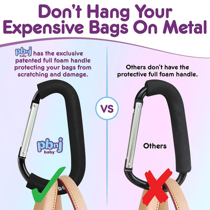 PBnJ baby Stroller Hooks for Hanging Diaper Bags - Mommy Stroller Clip and Stroller Accessories Organizer Hook - Large Carabiner Clips for Mom Purse Shopping Grocery Bag and Accessory - (1 Pack)