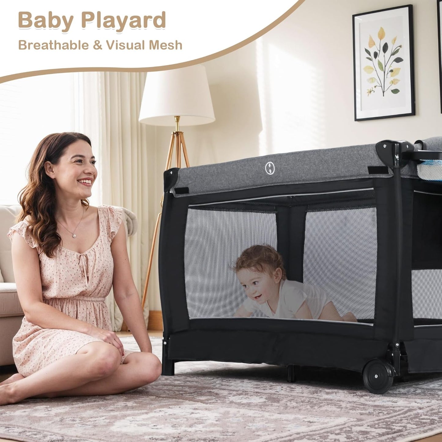 TODEFULL 4 in 1 Multifunctional Pack and Play, Foldable Baby Playards with Changing Table & Breathable Mesh, Baby Playpen for Babies and Toddlers, Black