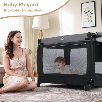 TODEFULL 4 in 1 Multifunctional Pack and Play, Foldable Baby Playards with Changing Table & Breathable Mesh, Baby Playpen for Babies and Toddlers, Black