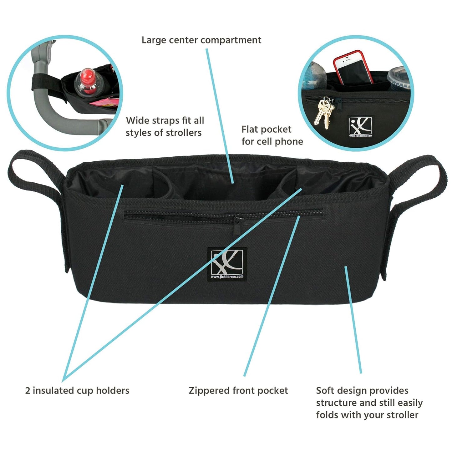 J.L. Childress Cargo 'N Drinks Parent Tray - Universal Stroller Organizer - Stroller Accessory with Insulated Cup Holders and Cell Phone Pocket - for Umbrella Strollers, Doona, Graco and More - Black