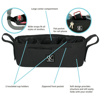 J.L. Childress Cargo 'N Drinks Parent Tray - Universal Stroller Organizer - Stroller Accessory with Insulated Cup Holders and Cell Phone Pocket - for Umbrella Strollers, Doona, Graco and More - Black