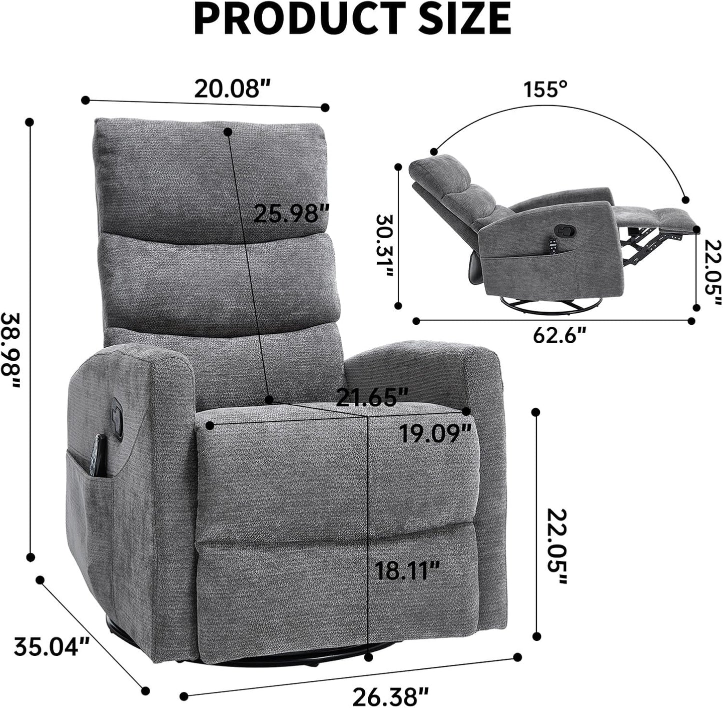 Massage Chair Recliner with Heat, Swivel Rocking Chair Recliner with High Back, Manual Nursery Recliners for Adults,Small Recliner Chair for Small Spaces, Living Room Bedroom, Fabric (Blue Green)