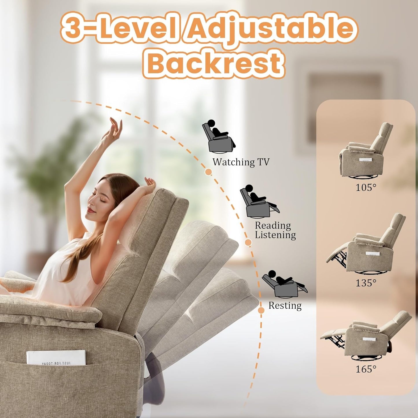 Korser Recliner Chair, Swivel Rocking Recliner Chair for Adults, Glider Rocking Chair, Small Nursery Chair Recliner for Living Room, Reclining Chair with Modern-Designed Armrests, Chenille, Beige