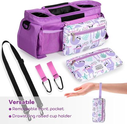 Universal Stroller Organizer with Insulated Cup Holders and Detachable Phone Bag,Stroller Caddy Fits for Stroller Accessories like Uppababy, Baby Jogger, Doona, Nuna Stroller (Green Square grid)