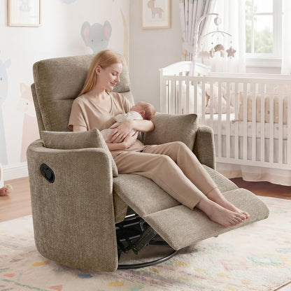 Nursery Rocking Chair, Oversized 360° Swivel Glider Recliner Chair, Upholstered Nursery Rocker with 2 Pillows and Footrest, Cozy Reclining Sofa for Living Room, Bedroom, Nursing, Olive