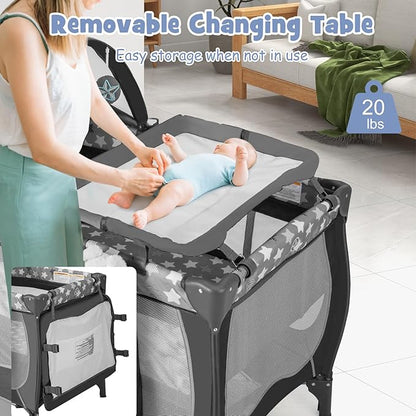 BABY JOY 4 in 1 Pack and Play, Portable Baby Playard with Bassinet, Adjustable Canopy, Changing Table, Lockable Wheels, Music Box, Travel Baby Crib Bassinet from Newborn to Toddler