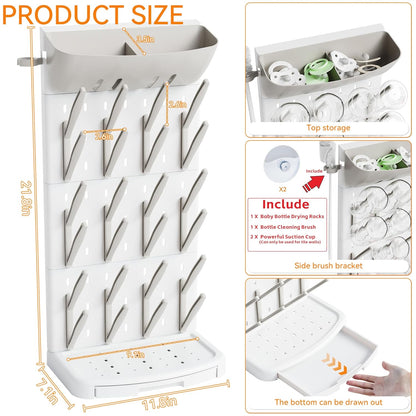 SuoXing Vertical Baby Bottle Drying Rack with Brush- Hold 16 Bottles - Large Breast Pump,Bottle Dryer Rack for Kitchen Countertop,Space Saving Bottle Stand Holder for Pacifiers,Pump Accessories,Grey