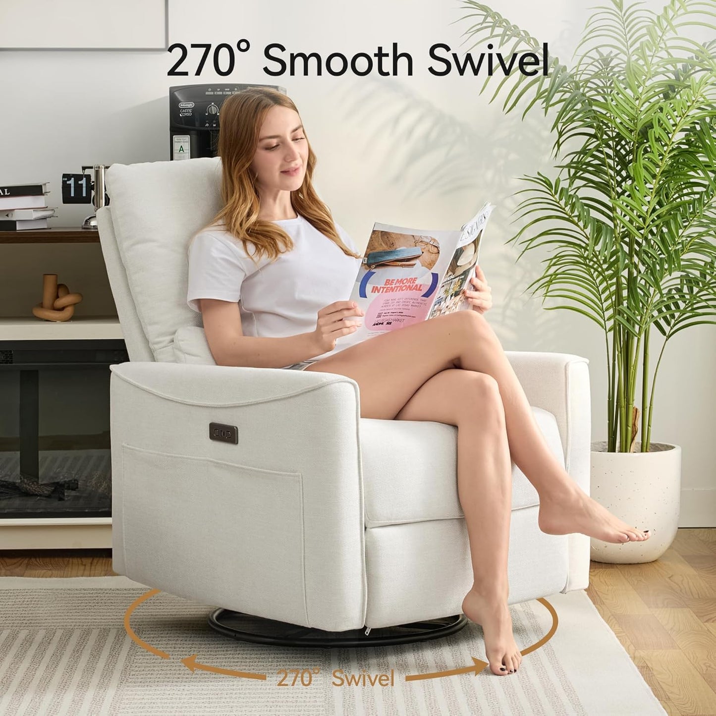 Power Swivel Rocker Recliner,Fabric Glider Recliner Nursery Chair,Small Rocking Chair,Single Reclining Sofa with Lumbar Support,USB&Type-C Ports,Living Room Home Threater Seat, Flint Grey