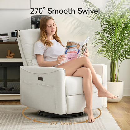 Power Swivel Rocker Recliner,Fabric Glider Recliner Nursery Chair,Small Rocking Chair,Single Reclining Sofa with Lumbar Support,USB&Type-C Ports,Living Room Home Threater Seat, Flint Grey