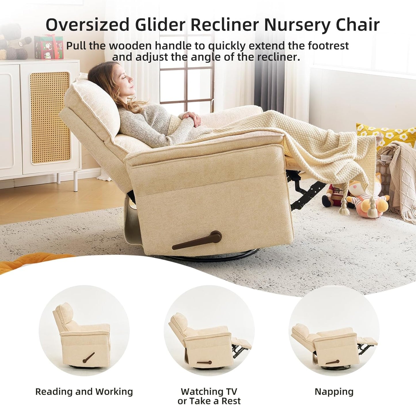 Oversized Glider Rocker Recliner, 26" Extra Wide 360° Swivel Nursery Recliner with Adjustable Headrest, Chenille Rocking Nursery Chair with Overstuffed Armrest, Lumbar Support, Light Grey