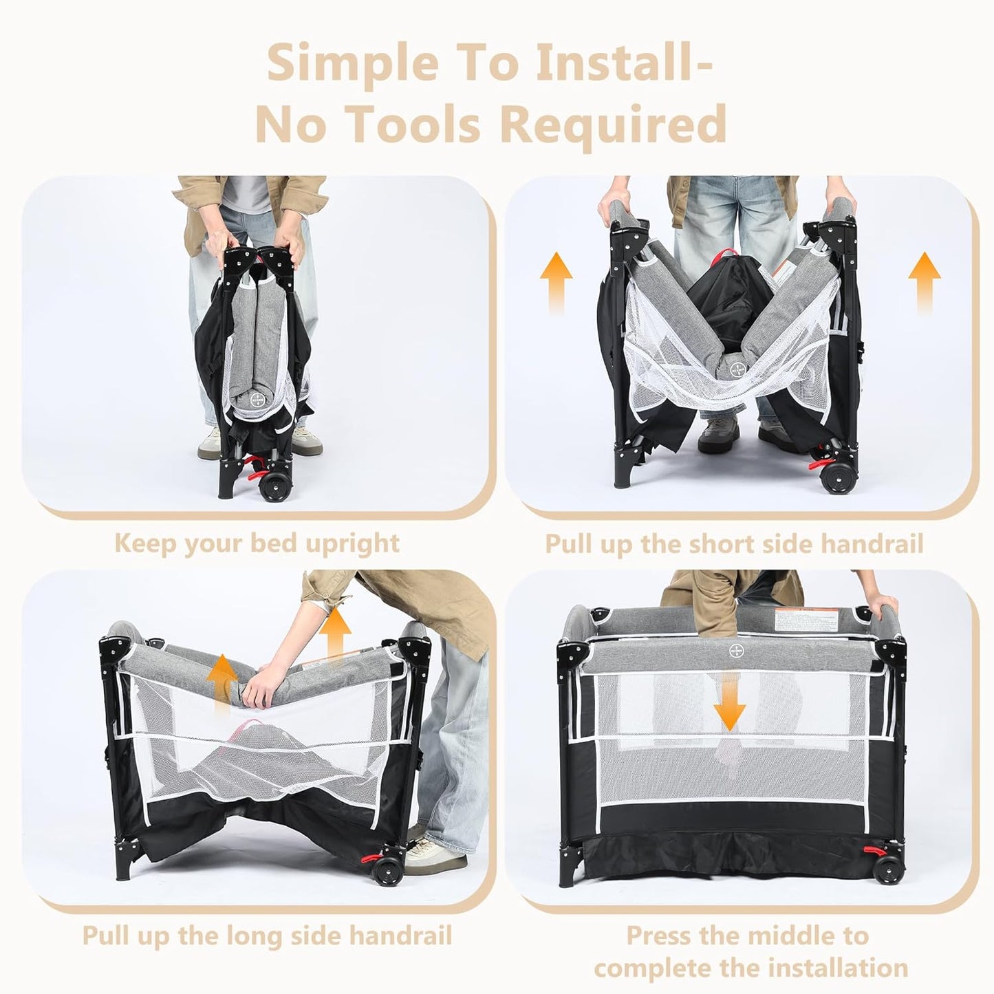 Kinder King 4 in 1 Portable Baby Playard, Foldable Baby Bedside Crib w/Bassinet, Infant Pack and Play Playard Toddler Large Playpen, Newborn Changing Table, Storage Basket, Grey