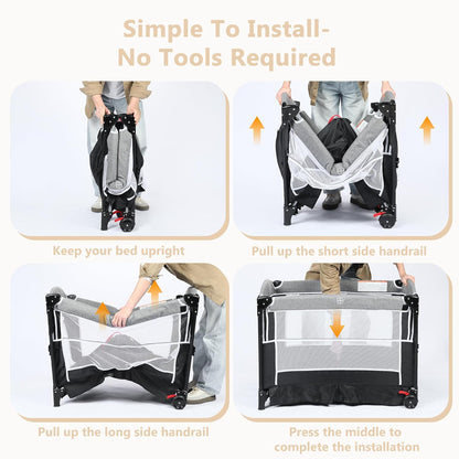 Kinder King 4 in 1 Portable Baby Playard, Foldable Baby Bedside Crib w/Bassinet, Infant Pack and Play Playard Toddler Large Playpen, Newborn Changing Table, Storage Basket, Grey