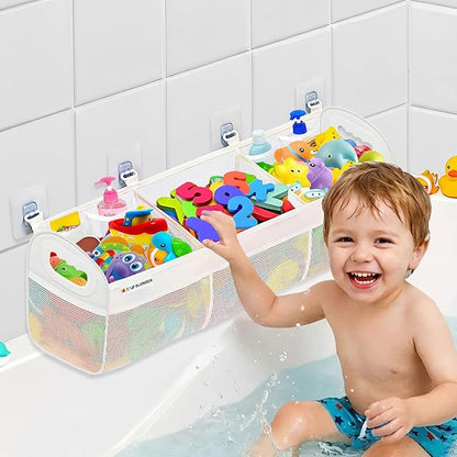 Bath Toy Storage Organizer for Bathtub – Large Bath Toy Holder & Bath Toy Net, Kids Bathtub Toy Storage Bag with 6 Strong Adhesive Hooks, Quick-Dry Mesh Bathroom Toy Holder for Tub & Shower