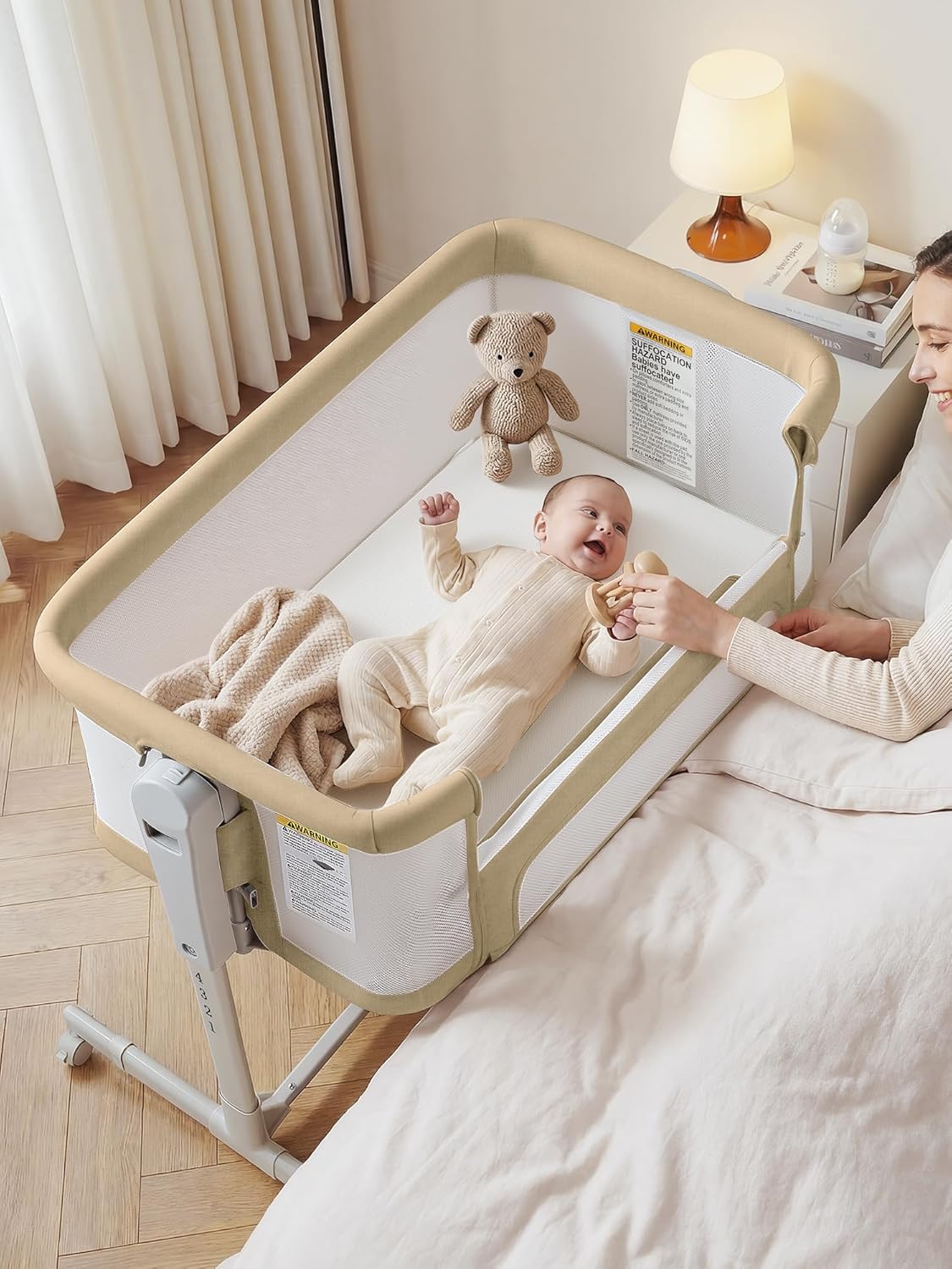 ONTHEWEI Baby Bassinet Bedside Sleeper 3-in-1, Easy Night Feeding with One-Side Fold & Rolling Wheels, Breathable Mesh, 6-Height Adjustable, Soft Mattress for Newborns