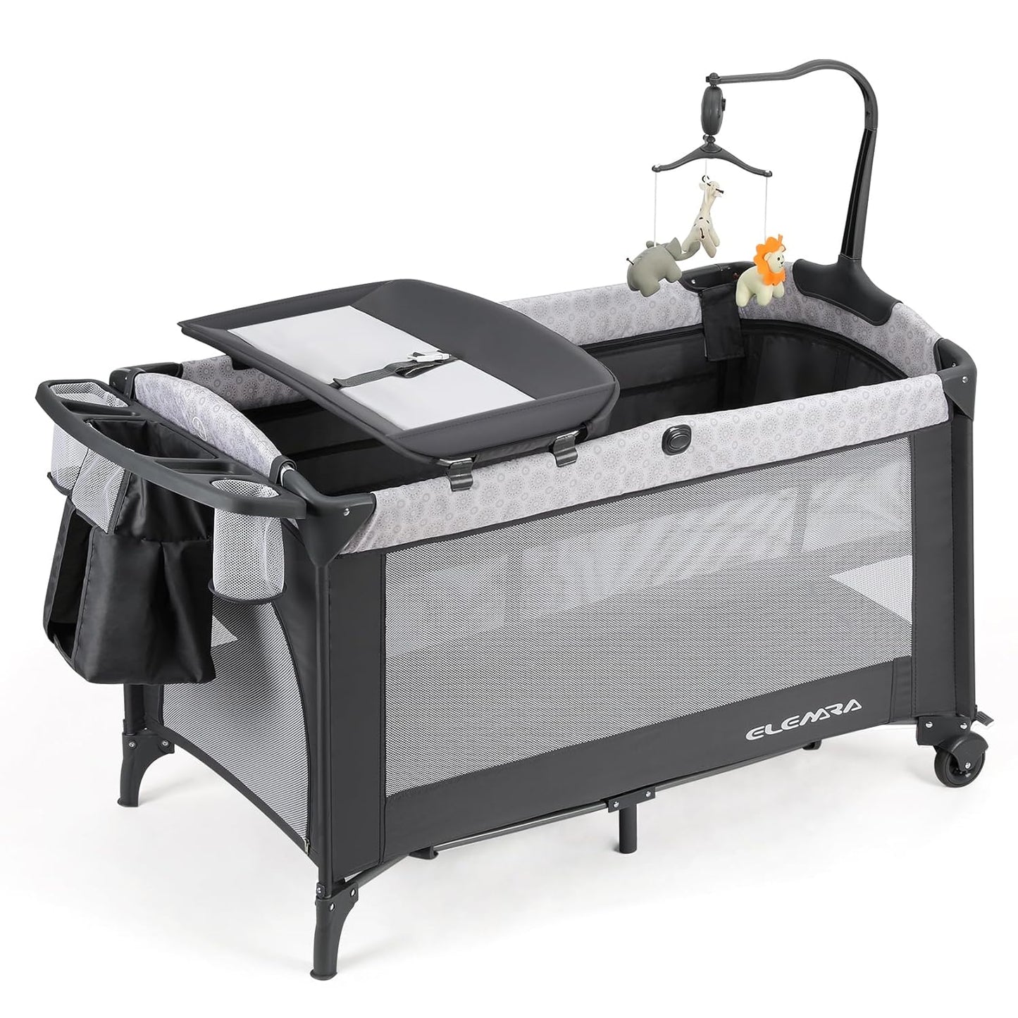 ELEMARA Wide Baby Bassinet Bedside with Diaper Changer,Long Next to Bed Crib with Mattress,Sheet,Music, Playpen Travel Bed with Storage (3 in 1 Baby Bassinet, 3 in 1 Full)