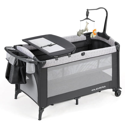 ELEMARA Wide Baby Bassinet Bedside with Diaper Changer,Long Next to Bed Crib with Mattress,Sheet,Music, Playpen Travel Bed with Storage (3 in 1 Baby Bassinet, 3 in 1 Full)