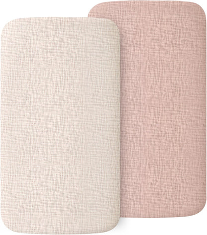 MairMore 2 Pack Muslin Fitted Bassinet Sheets for Babies, Soft & Breathable 100% Cotton Bedside Sleeper Bassinet Sheet, Moses Basket Oval Rectangle Pad/Mattress (Pink Blossom)