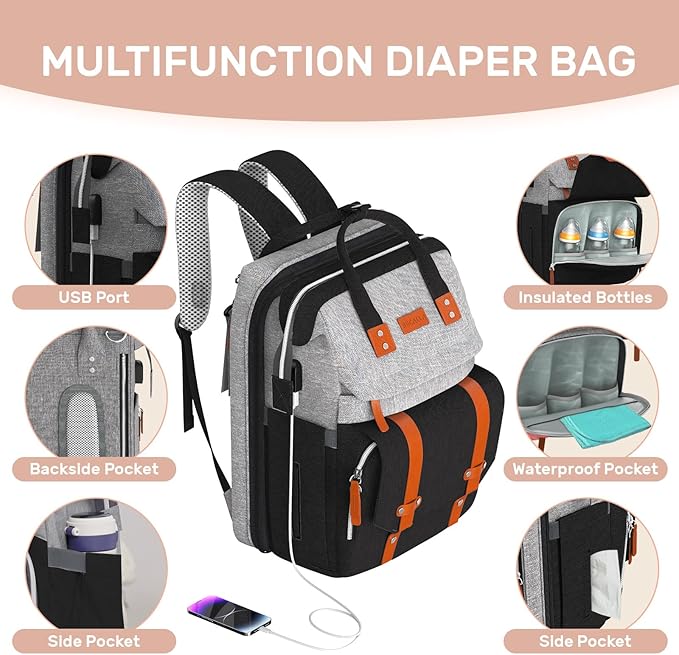 Diaper Bag Backpack with Changing Station,Large Baby Backpack for Travel Multifunctional Baby Bag for Mom & Dad, GrayBlack