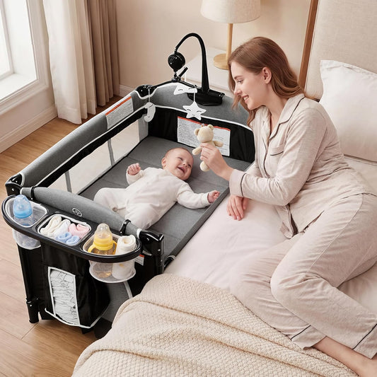 Kinder King 4 in 1 Portable Baby Playard, Foldable Baby Bedside Crib w/Bassinet, Infant Pack and Play Playard Toddler Large Playpen, Newborn Changing Table, Storage Basket, Grey