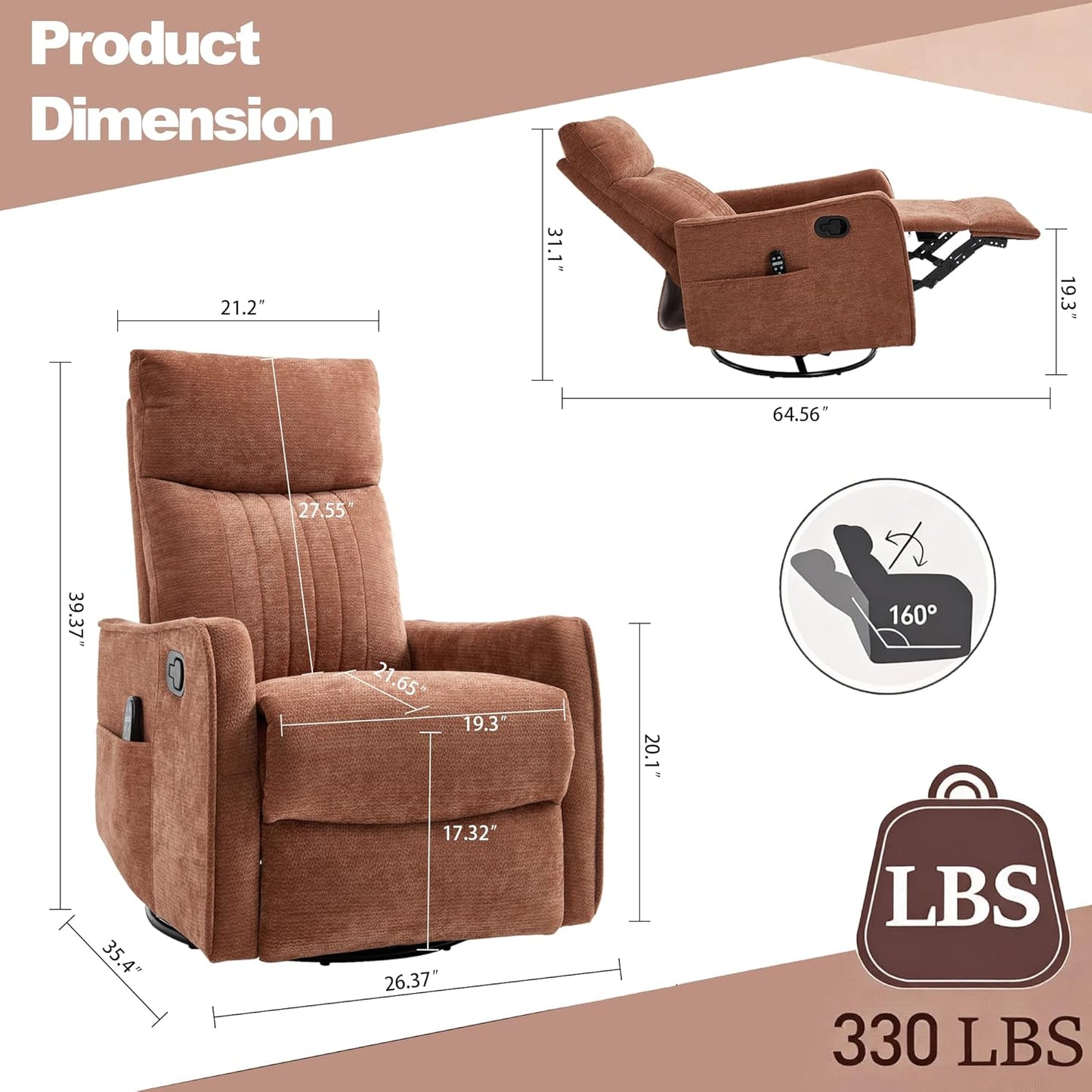 Casaphoria 360° Swivel Rocking Recliner Chair with Heat and Massage Upholstered Fabric Nursery Glider with Side Pocket for Living Room,Bedroom,Home Theater and RV Small Space(Light Gray)