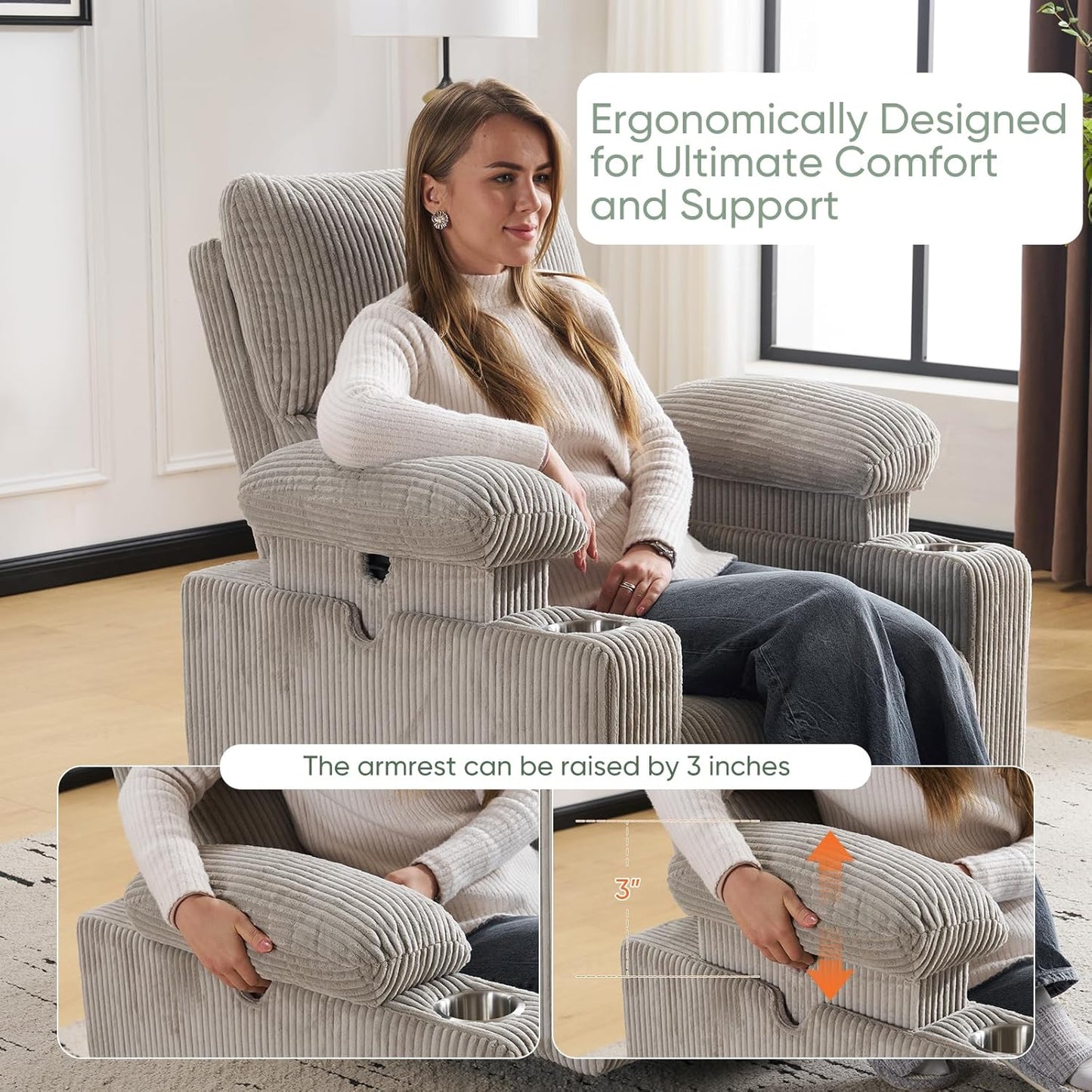 Rocking Chair Nursery with Adjustable Armrest for Breastfeeding, Glider Recliner Nursery Chair with Massage and Heat, Power Swivel Rocker Recliner with Adjustable Headrest, Corduroy, Beige