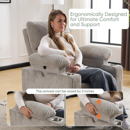 Rocking Chair Nursery with Adjustable Armrest for Breastfeeding, Glider Recliner Nursery Chair with Massage and Heat, Power Swivel Rocker Recliner with Adjustable Headrest, Corduroy, Beige