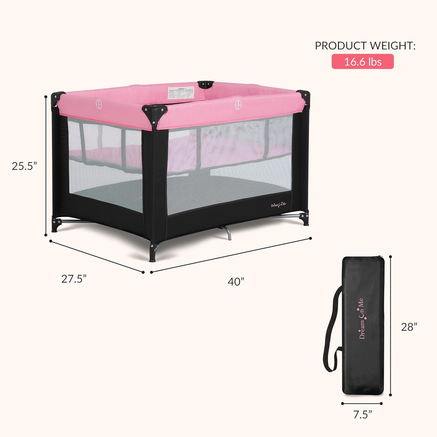 Dream On Me Zazzy Portable Playard with Bassinet in Black, Lightweight Packable and Easy Setup Baby Playard with Mattress and Travel Bag