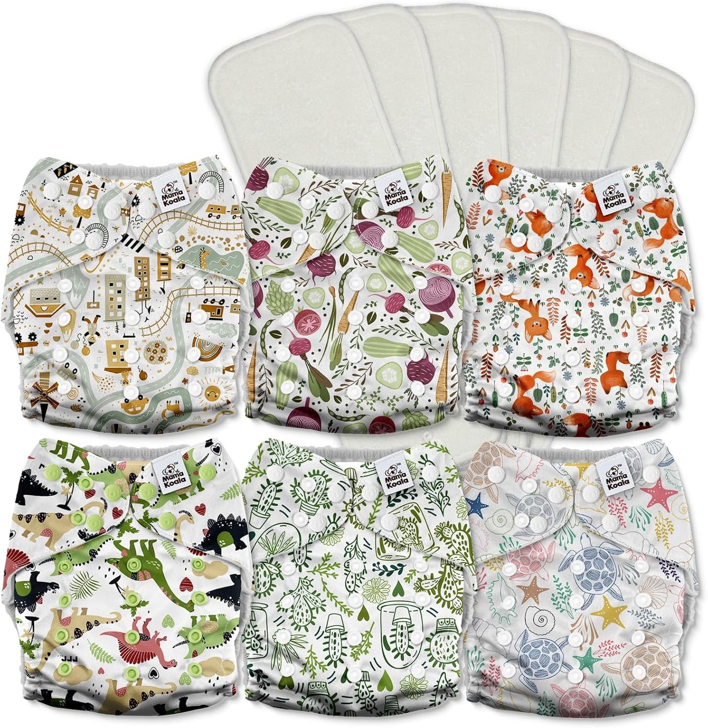 Mama Koala 3.0 Pocket Cloth Diapers for Babies with AWJ Lining, 6 Pack with 6 4-Layer Natural Cloth Diaper Inserts - Reusable and Washable Pocket Diapers(Hardworking Bees) - Colors A