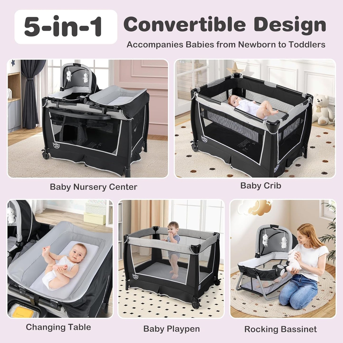 BABY JOY 5 in 1 Pack and Play, Portable Nursery Center Baby Playard w/Bassinet & Diaper Changing Table, Bag, Infant Bassinet Crib Activity Center for Baby Toddlers Indoor Outdoor (Royal Blue, Classic)