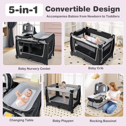 BABY JOY 5 in 1 Pack and Play, Portable Nursery Center Baby Playard w/Bassinet & Diaper Changing Table, Bag, Infant Bassinet Crib Activity Center for Baby Toddlers Indoor Outdoor (Royal Blue, Classic)