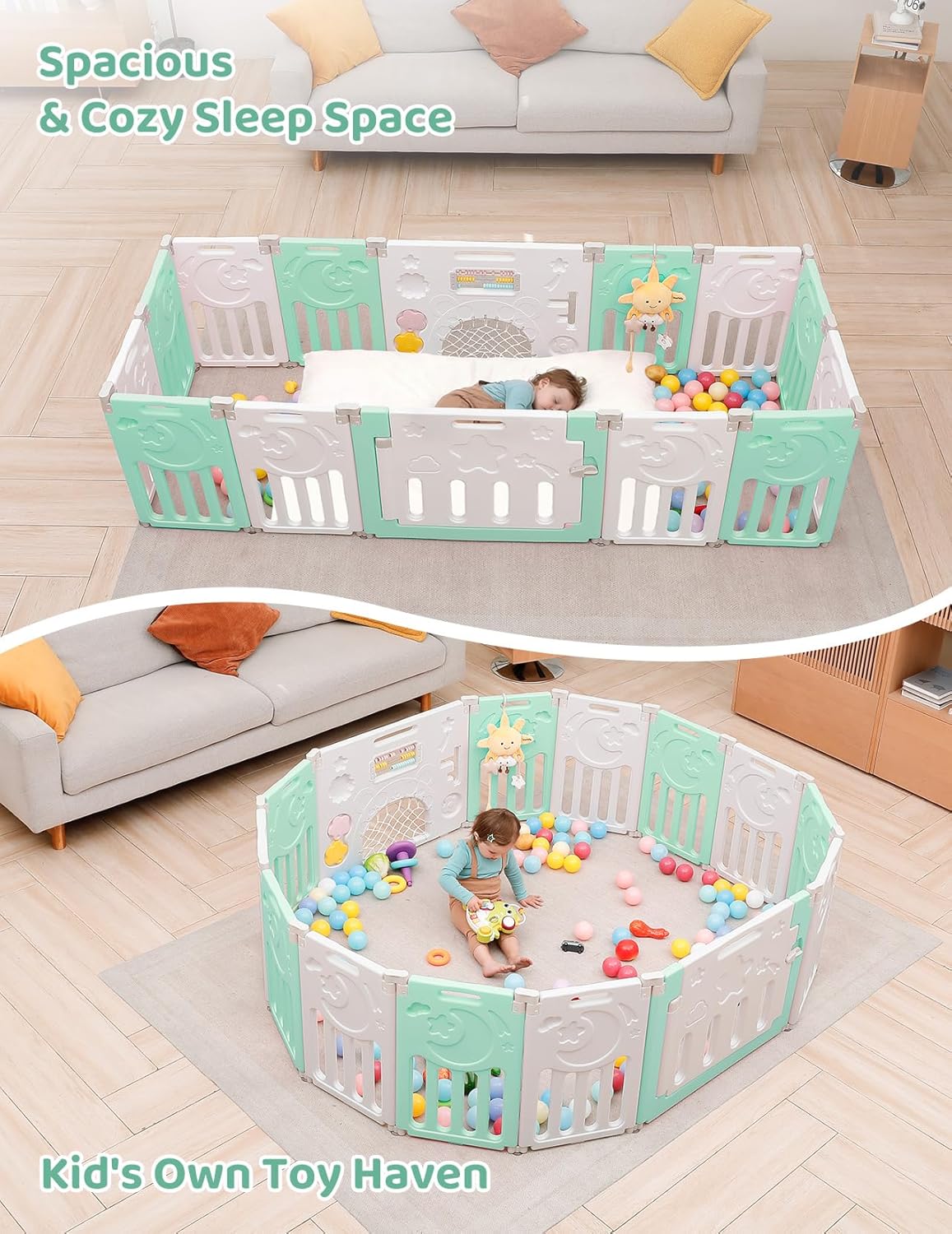 Baby Playpen, Dripex Baby Playard for Babies and Toddlers, 14-Panel Foldable Playpen Adjustable Portable Play Area, Indoor/Outdoor Kids Active Center with Game Panel & Safety Gate, Grey White