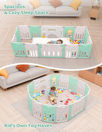 Baby Playpen, Dripex Baby Playard for Babies and Toddlers, 14-Panel Foldable Playpen Adjustable Portable Play Area, Indoor/Outdoor Kids Active Center with Game Panel & Safety Gate, Grey White