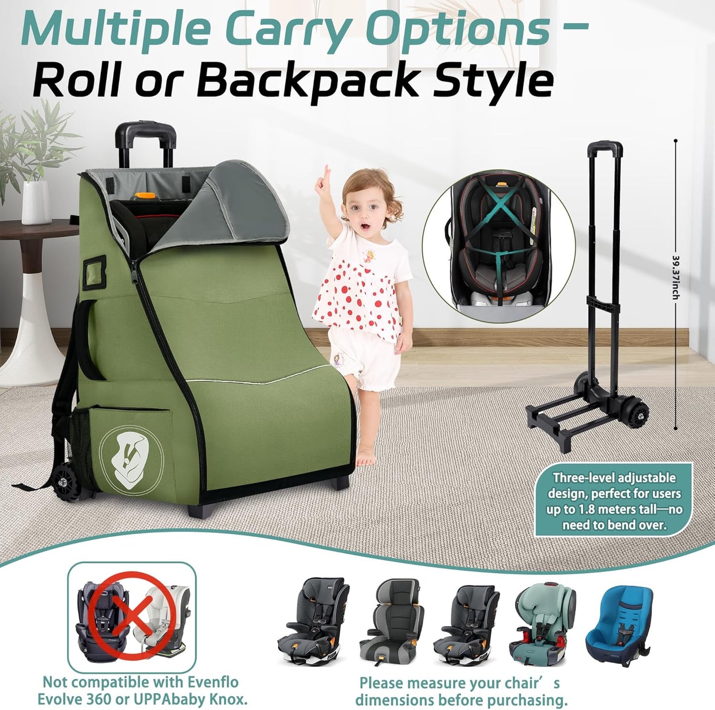 Rolling Car Seat Travel Bag with Wheels – Car Seat Backpack Transport Case for Airplane Travel, Fits Convertible & Booster Seats, Protective Storage Cover, Black