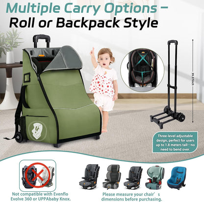 Rolling Car Seat Travel Bag with Wheels – Car Seat Backpack Transport Case for Airplane Travel, Fits Convertible & Booster Seats, Protective Storage Cover, Black