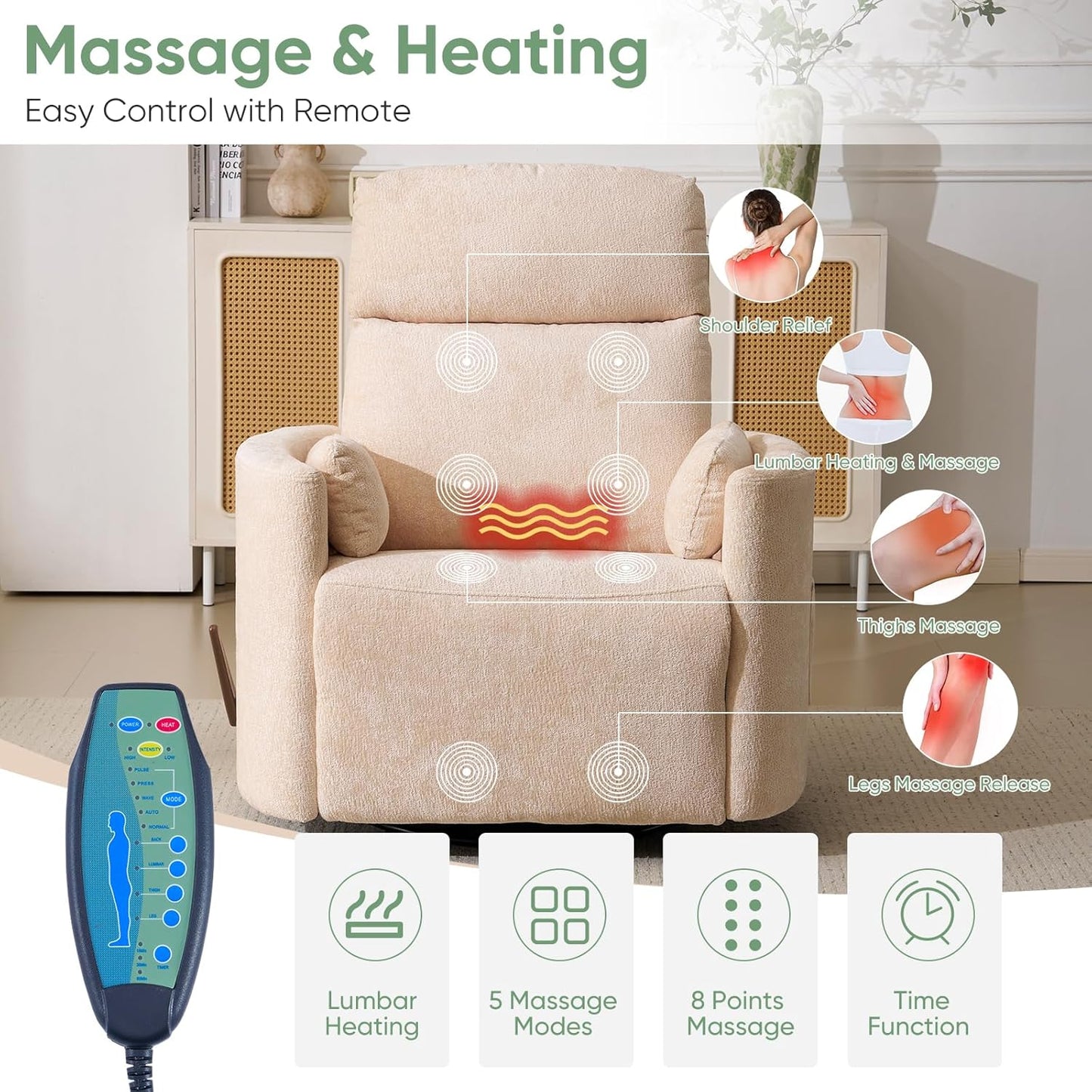 Oversized Swivel Rocker Recliner Chair with Heat and Massage, Rocking Chair with Adjustable Headrest, Manual Recliner, Glider Recliner with 2 Pillows, Chenille White