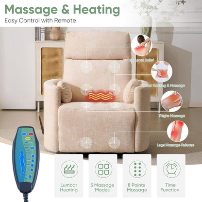 Oversized Swivel Rocker Recliner Chair with Heat and Massage, Rocking Chair with Adjustable Headrest, Manual Recliner, Glider Recliner with 2 Pillows, Chenille White
