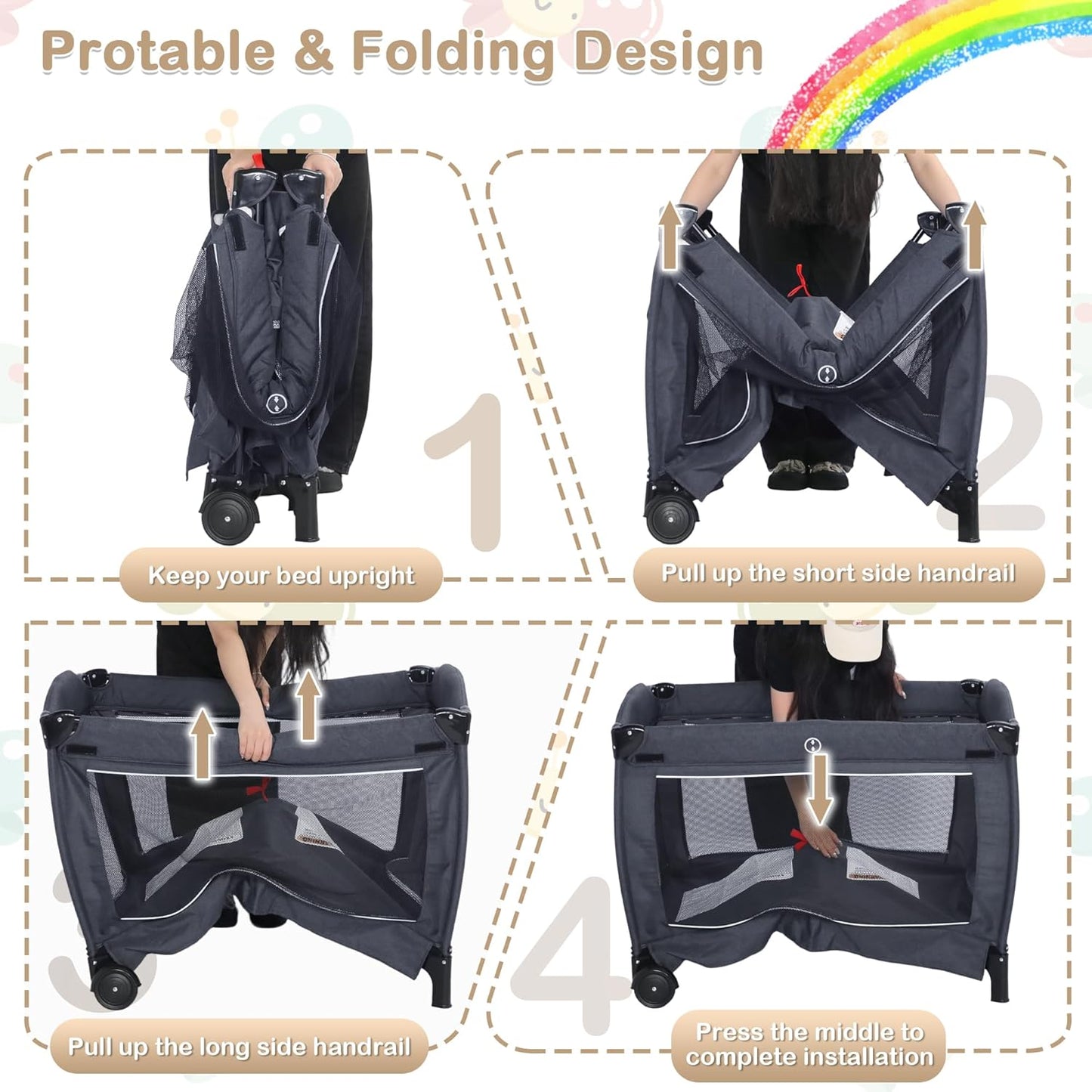 TODEFULL 4 in 1 Multifunctional Pack and Play, Foldable Baby Playards with Changing Table & Breathable Mesh, Baby Playpen for Babies and Toddlers, Black