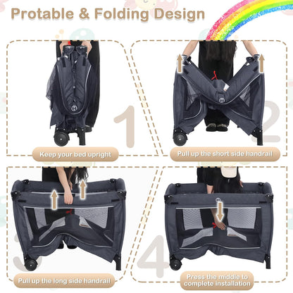 TODEFULL 4 in 1 Multifunctional Pack and Play, Foldable Baby Playards with Changing Table & Breathable Mesh, Baby Playpen for Babies and Toddlers, Black