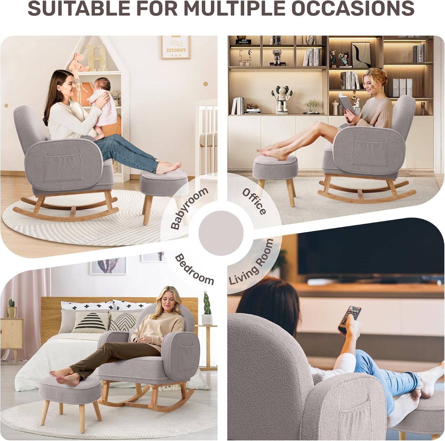 HCHAIRH Nursery Rocking Chair with Ottoman, Upholstered Glider Rocker with High Backrest Side Pocket, Rocking Accent Armchair with Solid Wood Legs for Nursery, Living Room, Bedroom, Light Grey